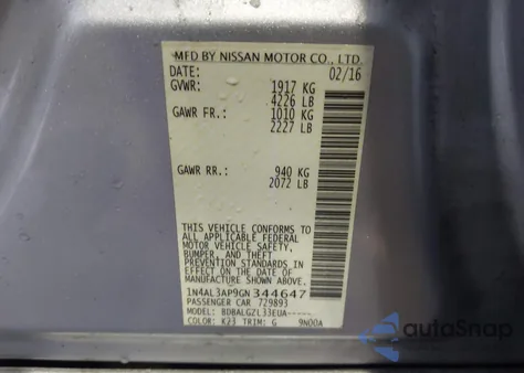 2016 Nissan Altima 2.5/2.5 S/2.5 Sl/2.5 Sr/2.5 Sv z USA, uszkodzony, nr VIN 1N4AL3AP9GN344647